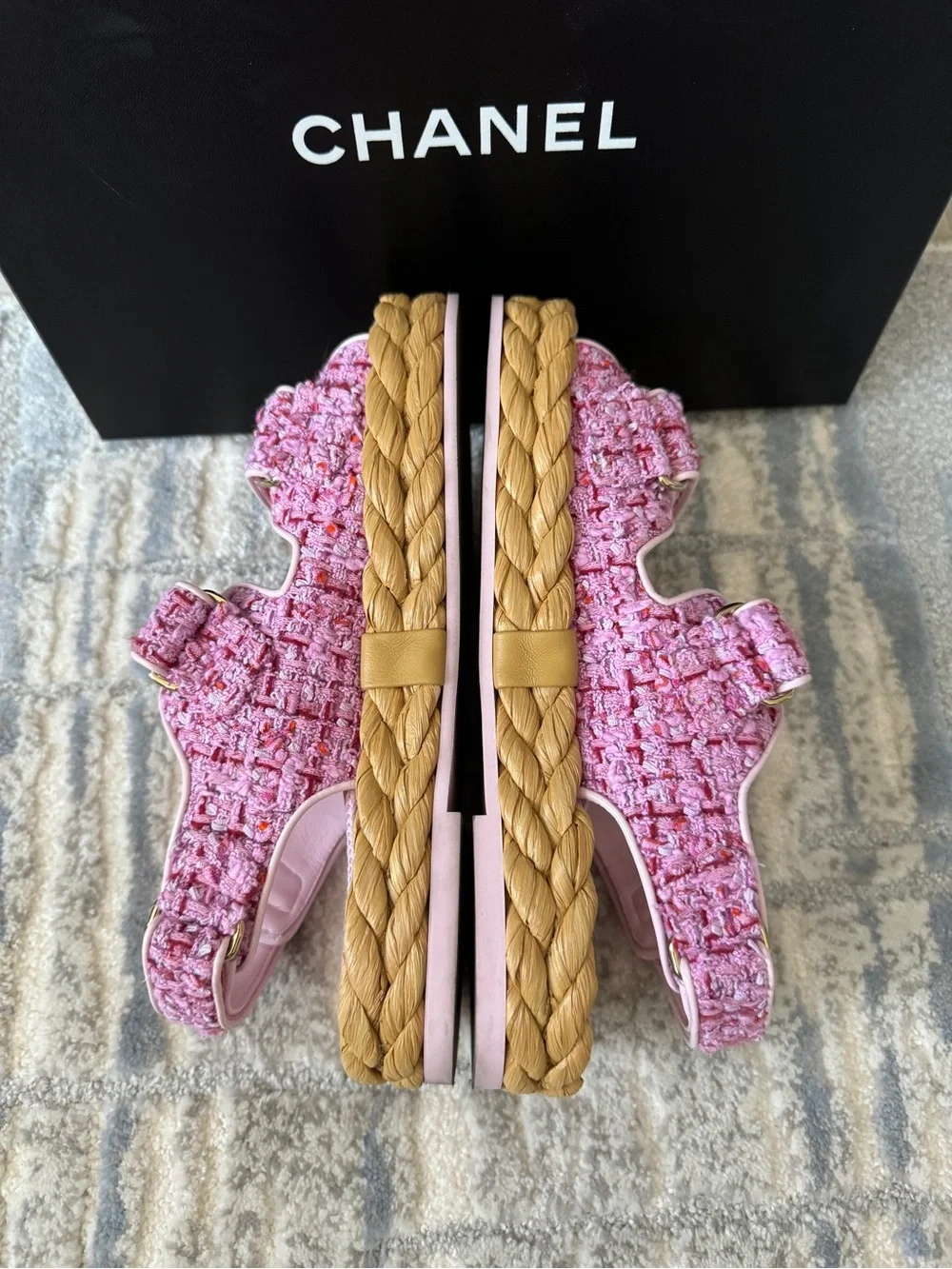 Chanel Pink and Red Tweed Dad Sandals Braided Raffia Sole Pink CC Logos 22P